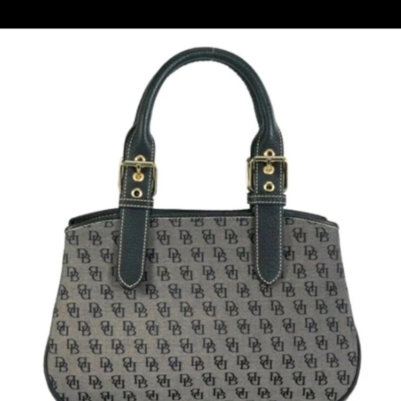 VINTAGE Dooney & Bourke Black Leather Gray Canvas Shoulder Bag Medium Size - Picture 4 of 11